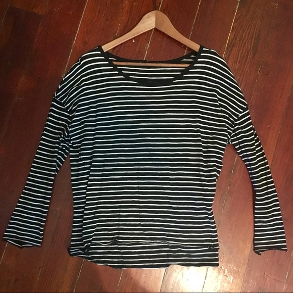 Mango Black White Soft Striped Long Sleeve Tee S M - Picture 1 of 3